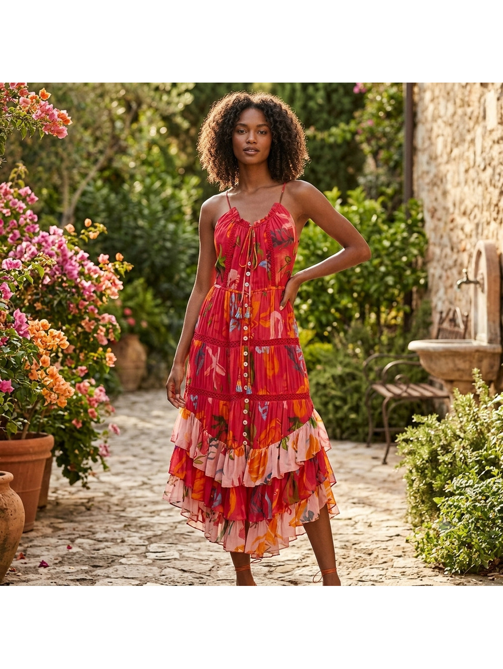 Farm Rio Tiered Ruffle Midi Dress Mixed fruits Ocean Floral